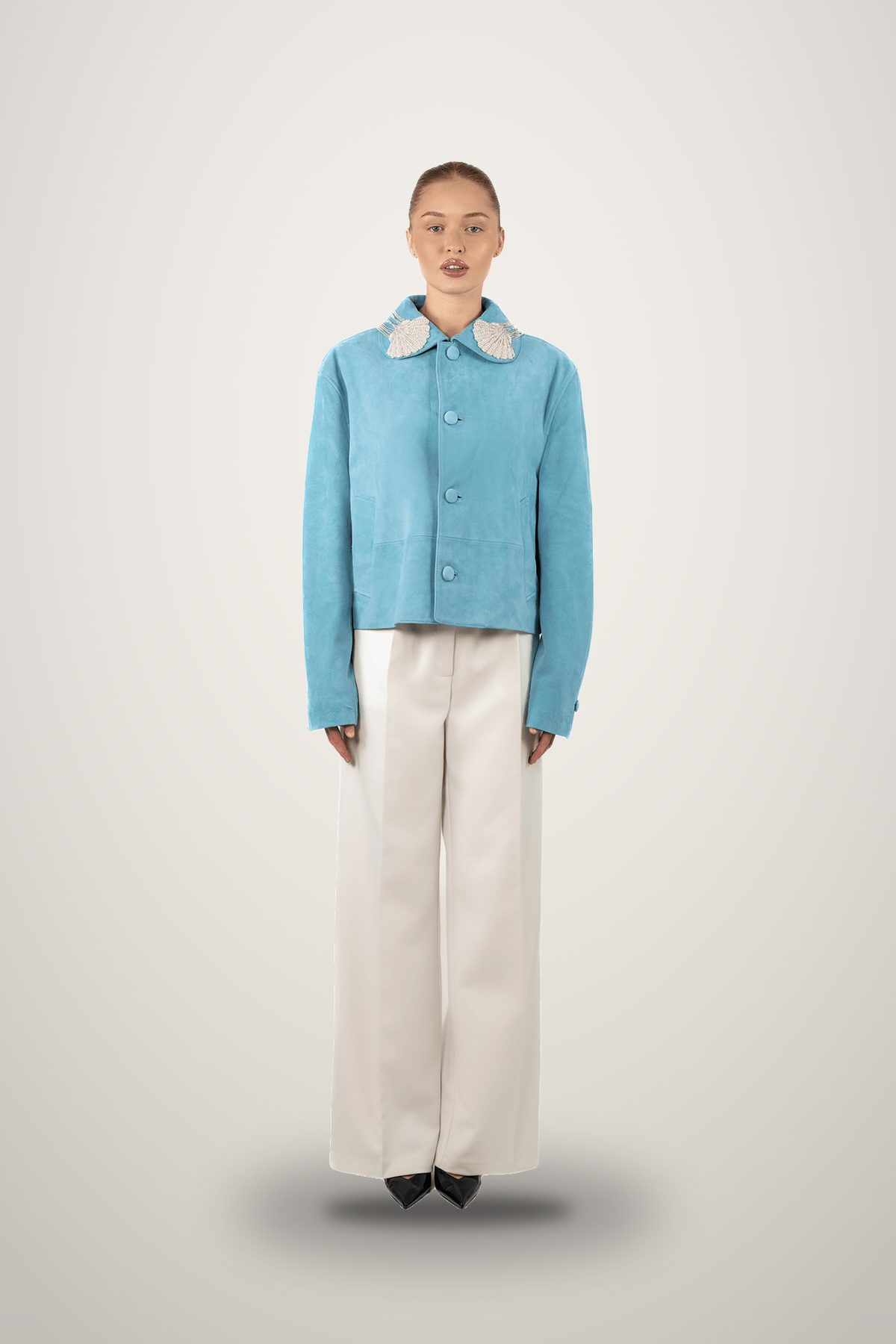 Seafoam Suede Jacket With Beaded Shell Collar