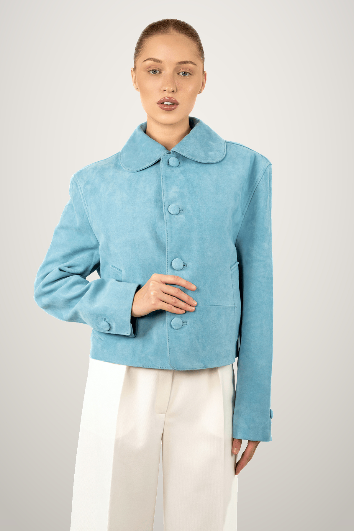 Seafoam Suede Jacket With Beaded Shell Collar