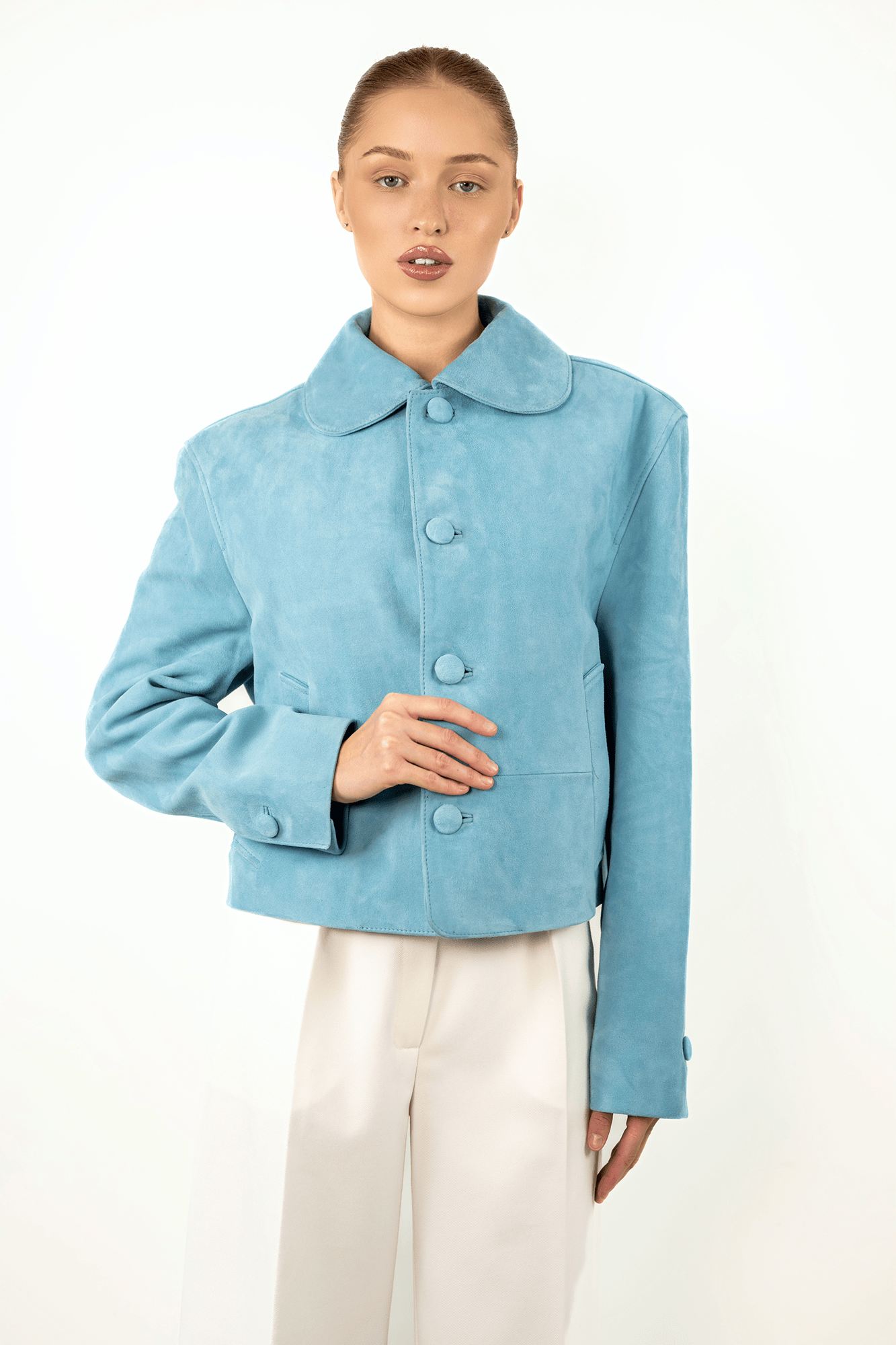 Seafoam Suede Jacket with Beaded Shell Collar
