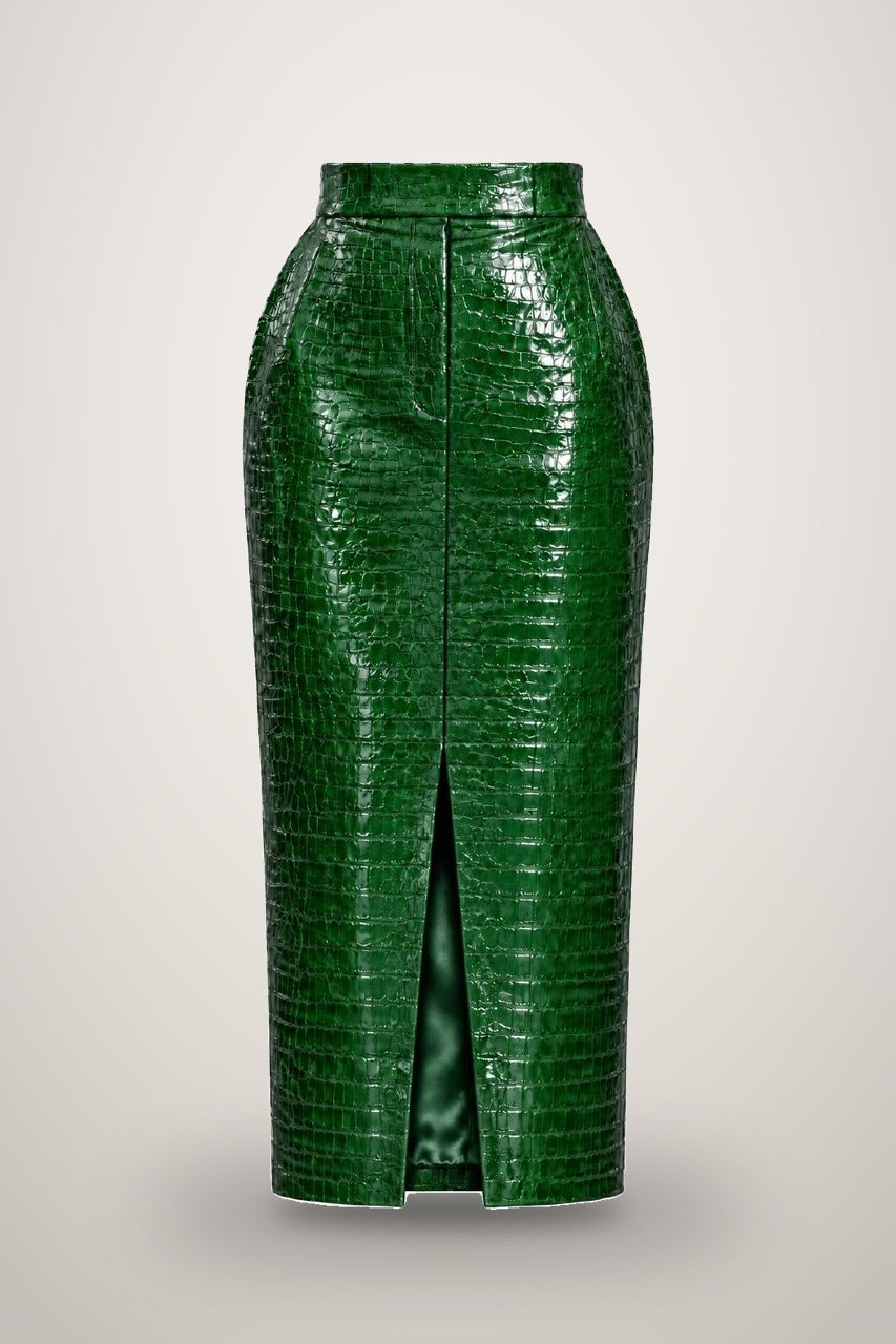 Skirt in Croco Vinyle in dark green