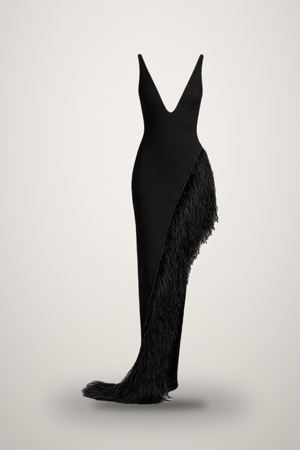 Fringe V-Neck Gown in black