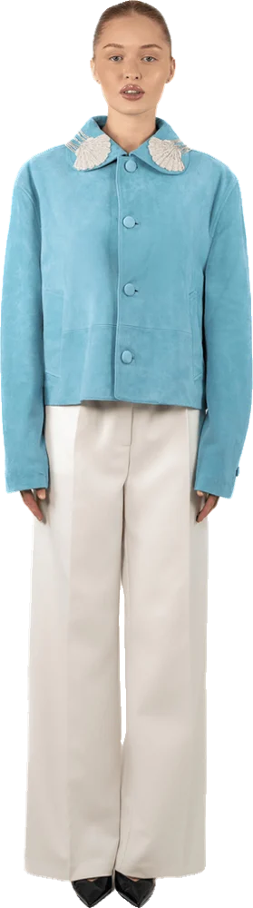 Seafoam Suede Jacket With Beaded Shell Collar