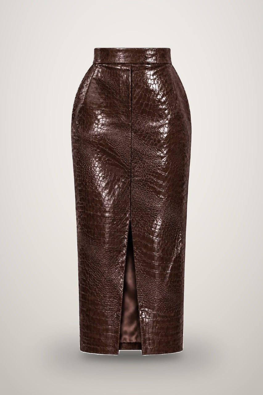 Skirt in Croco Vinyle in dark coffee