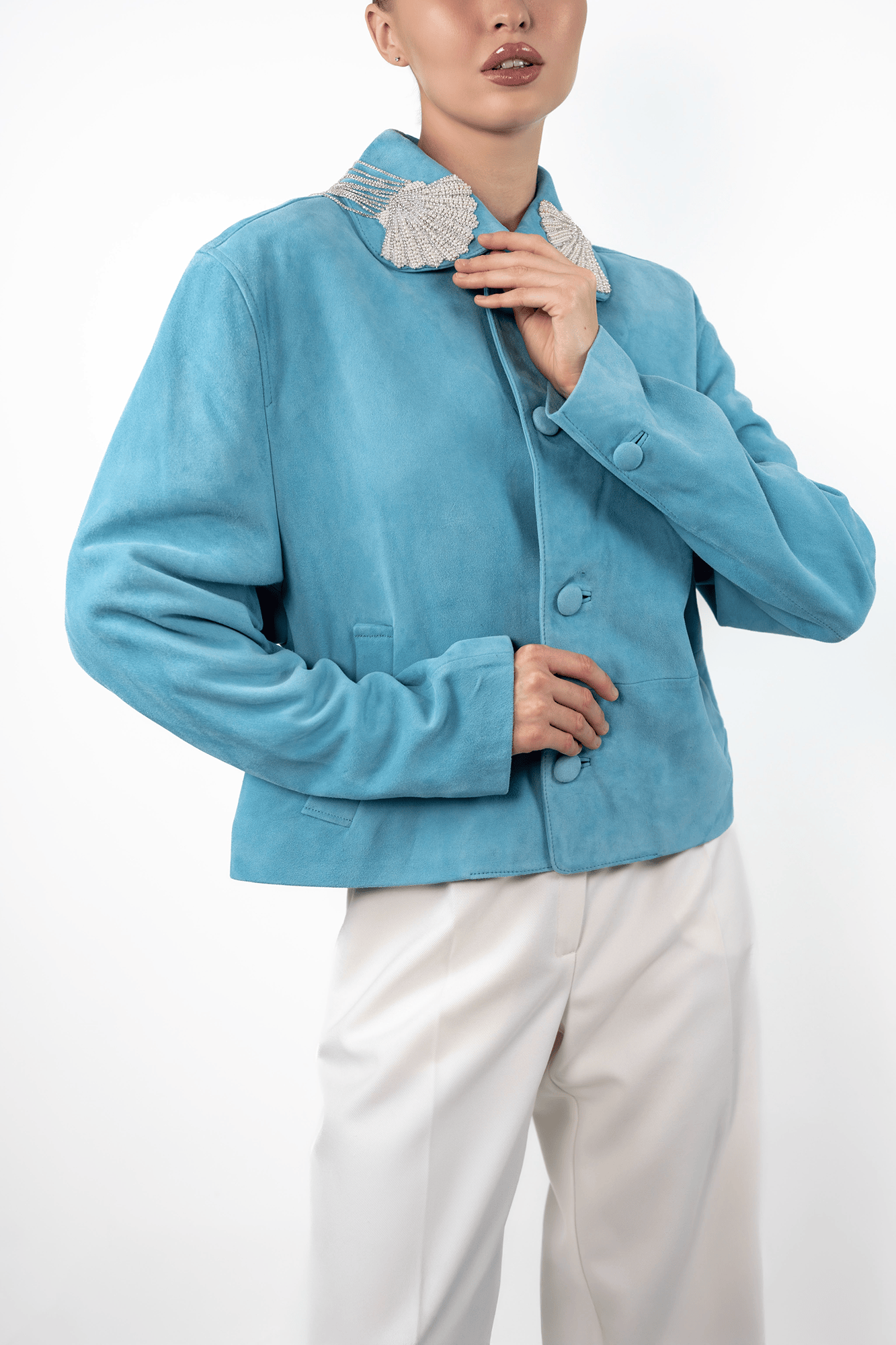 Seafoam Suede Jacket with Beaded Shell Collar