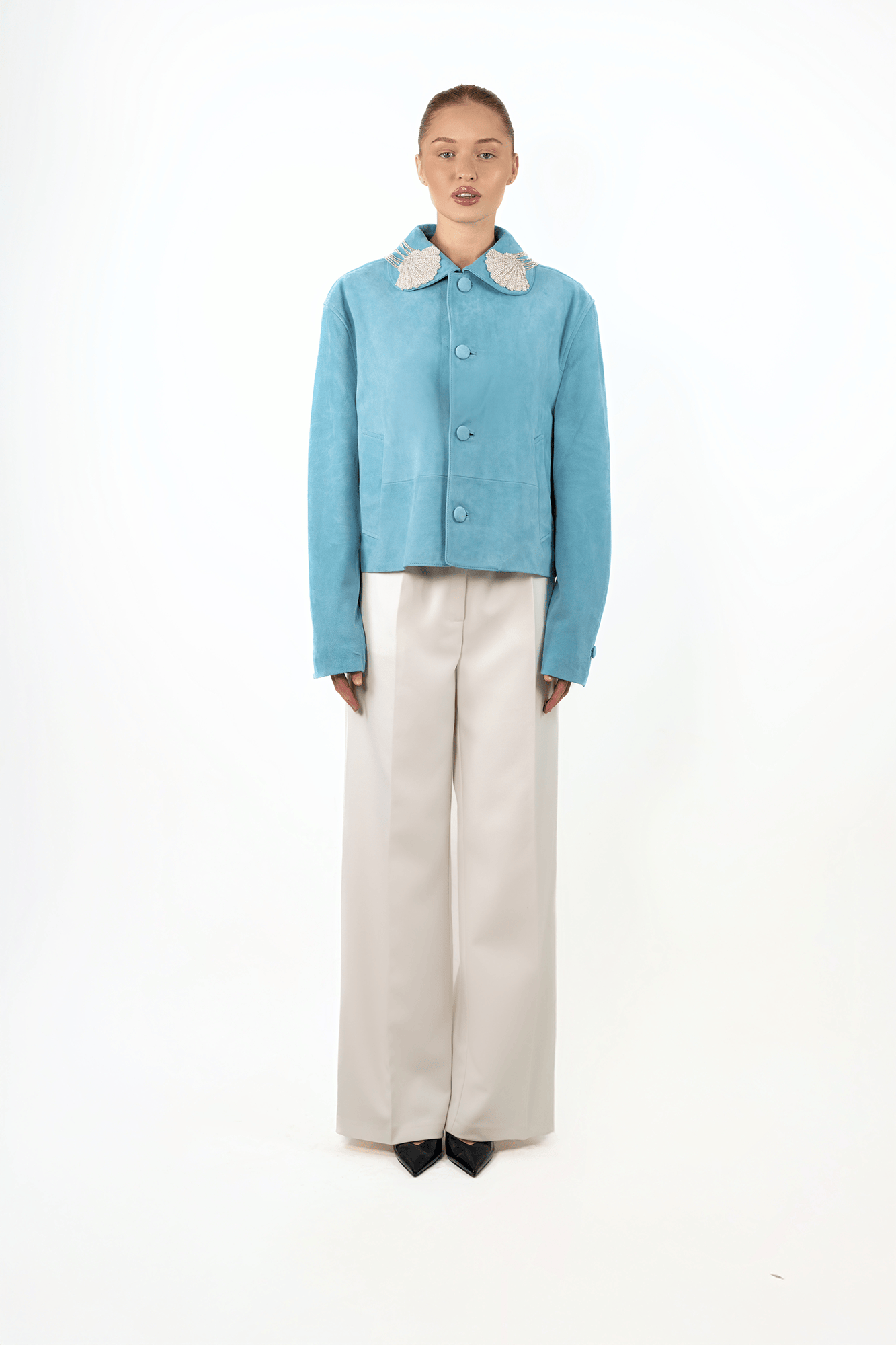 Seafoam Suede Jacket with Beaded Shell Collar