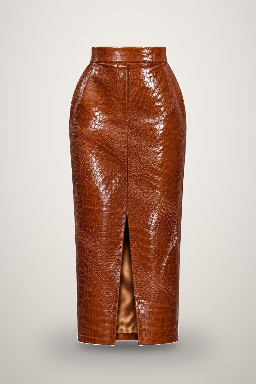 Skirt in Croco Vinyle in dark brown
